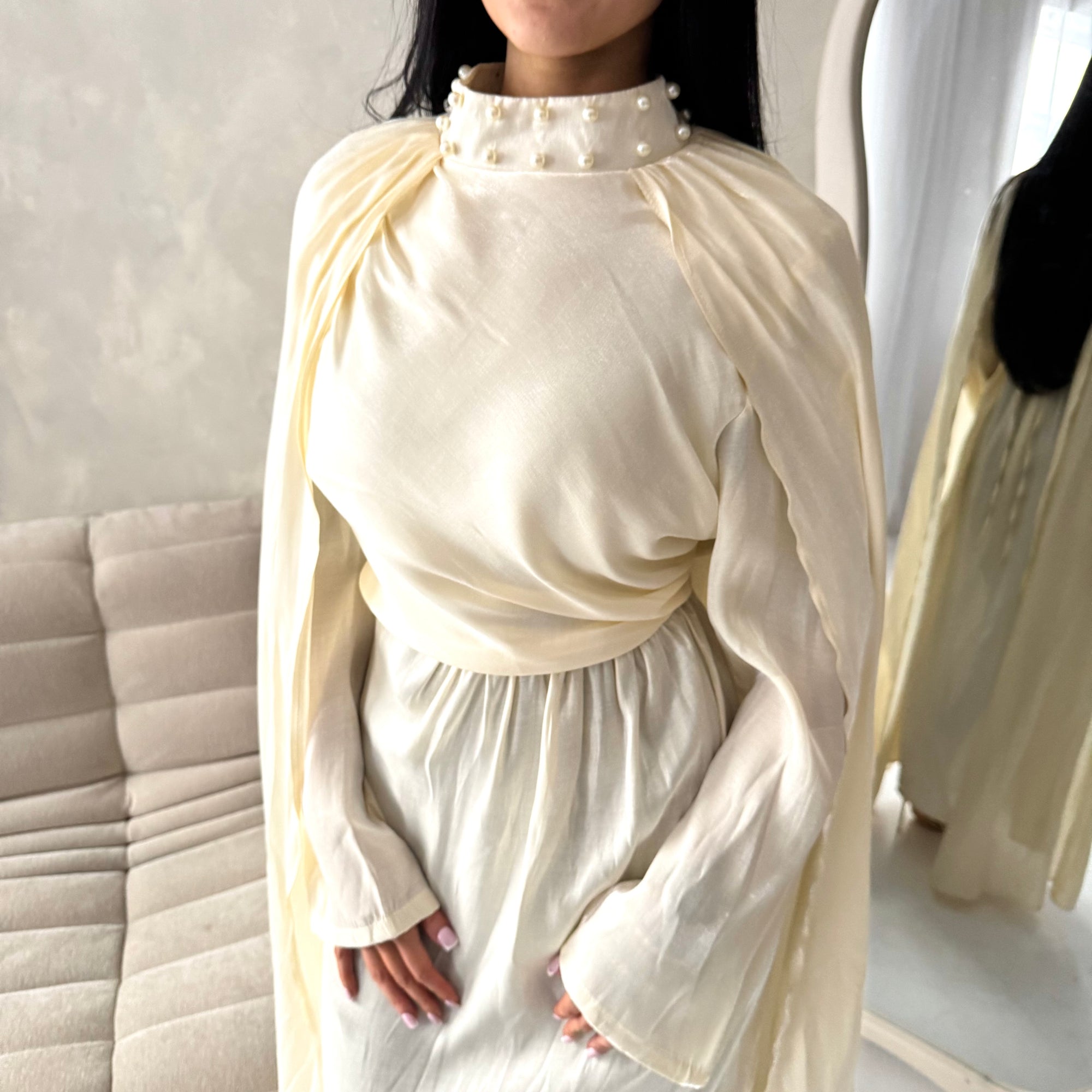 Leta Cream Pearl Choker Neck Modest Cape Dress House Of Haniya Leta Cream Pearl Choker Neck Modest Cape Dress House Of Haniya