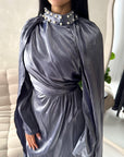 Leta Charcoal Pearl Choker Neck Modest Cape Dress