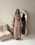 Vanity Mocha Choker Cowl Neck Tie Back Kaftan Dress
