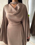 Vanity Mocha Choker Cowl Neck Tie Back Kaftan Dress