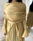 Lina Gold Elegant Shoulder Cape Frill Dress