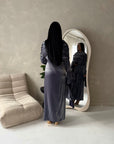 Lina Charcoal Elegant Shoulder Cape Frill Dress