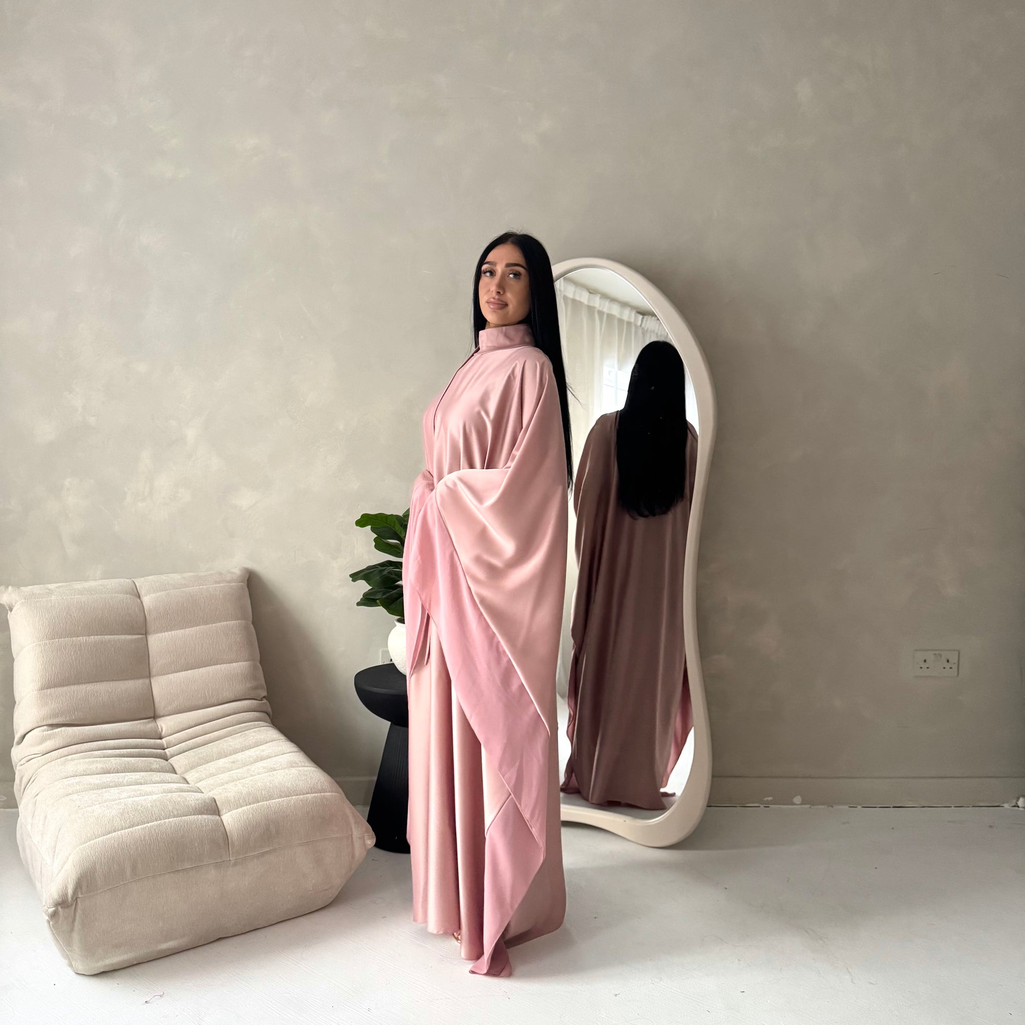 Maya Pink Satin Kaftan With Neck Scarf Dress