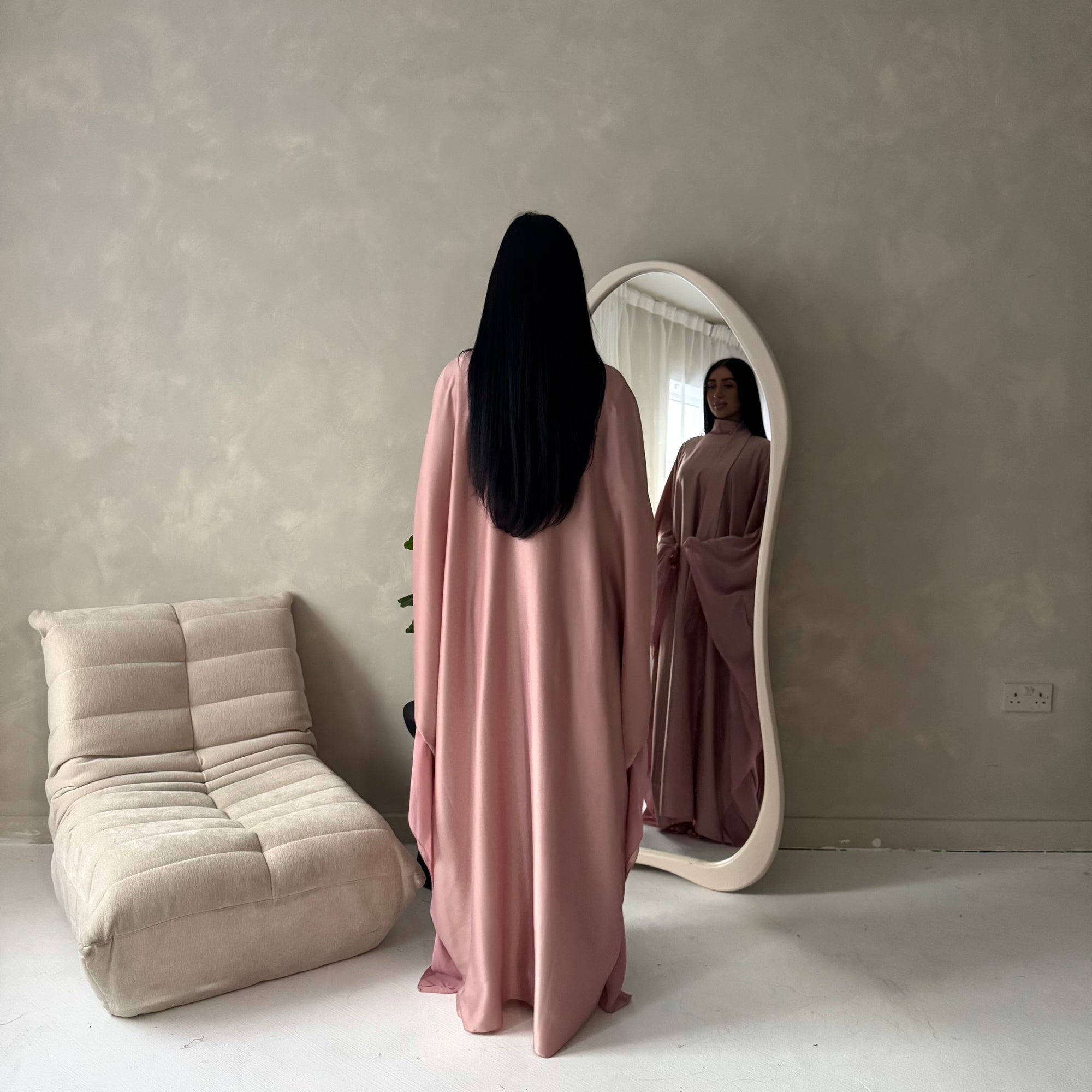 Maya Pink Satin Kaftan With Neck Scarf Dress