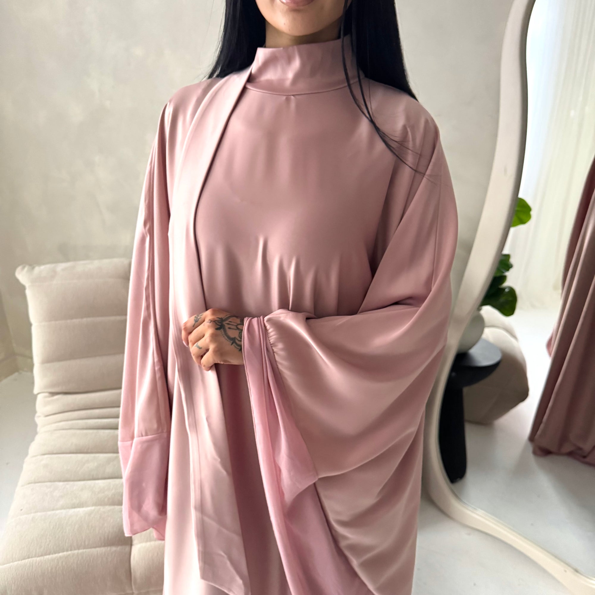 Maya Pink Satin Kaftan With Neck Scarf Dress