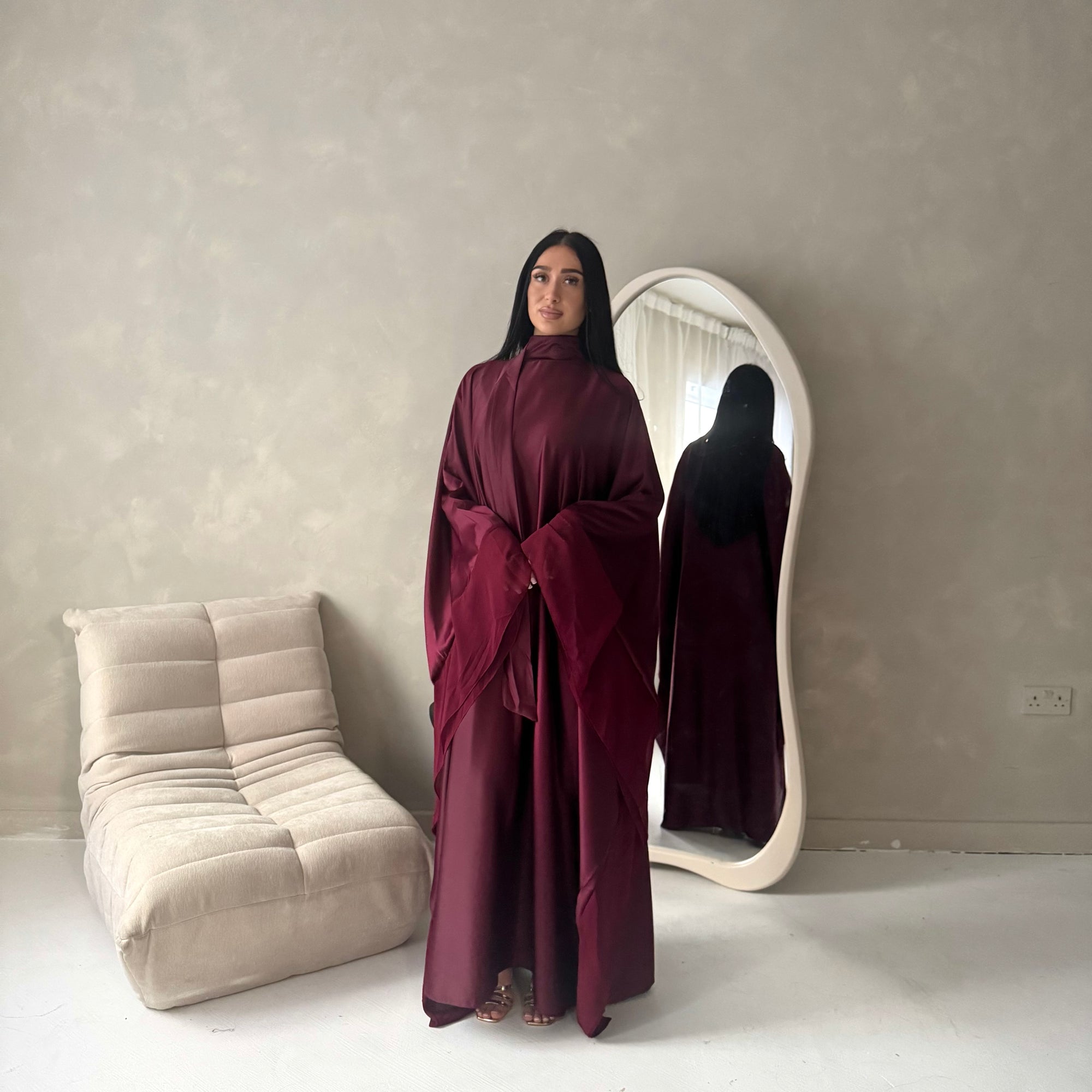 Maya Plum Satin Kaftan With Neck Scarf Dress