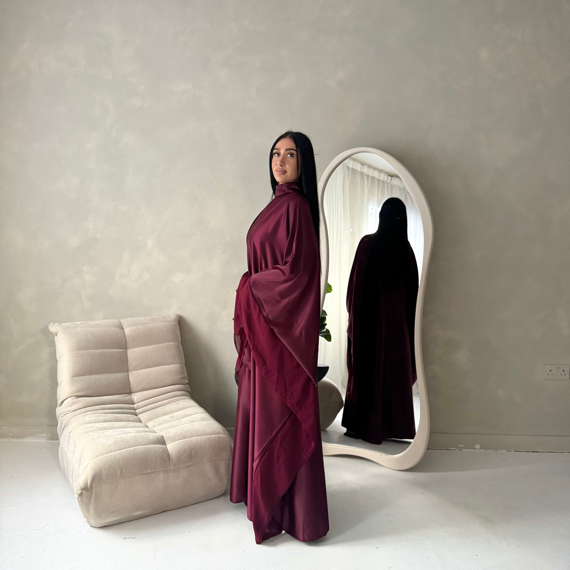 Maya Plum Satin Kaftan With Neck Scarf Dress