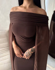 Zel Brown Off Shoulder Mesh Cape Premium Elegant Dress