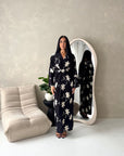 Roya Black V Neck Front Knot Floral Embroidery Dress
