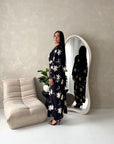 Roya Black V Neck Front Knot Floral Embroidery Dress