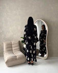 Roya Black V Neck Front Knot Floral Embroidery Dress