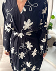 Roya Black V Neck Front Knot Floral Embroidery Dress