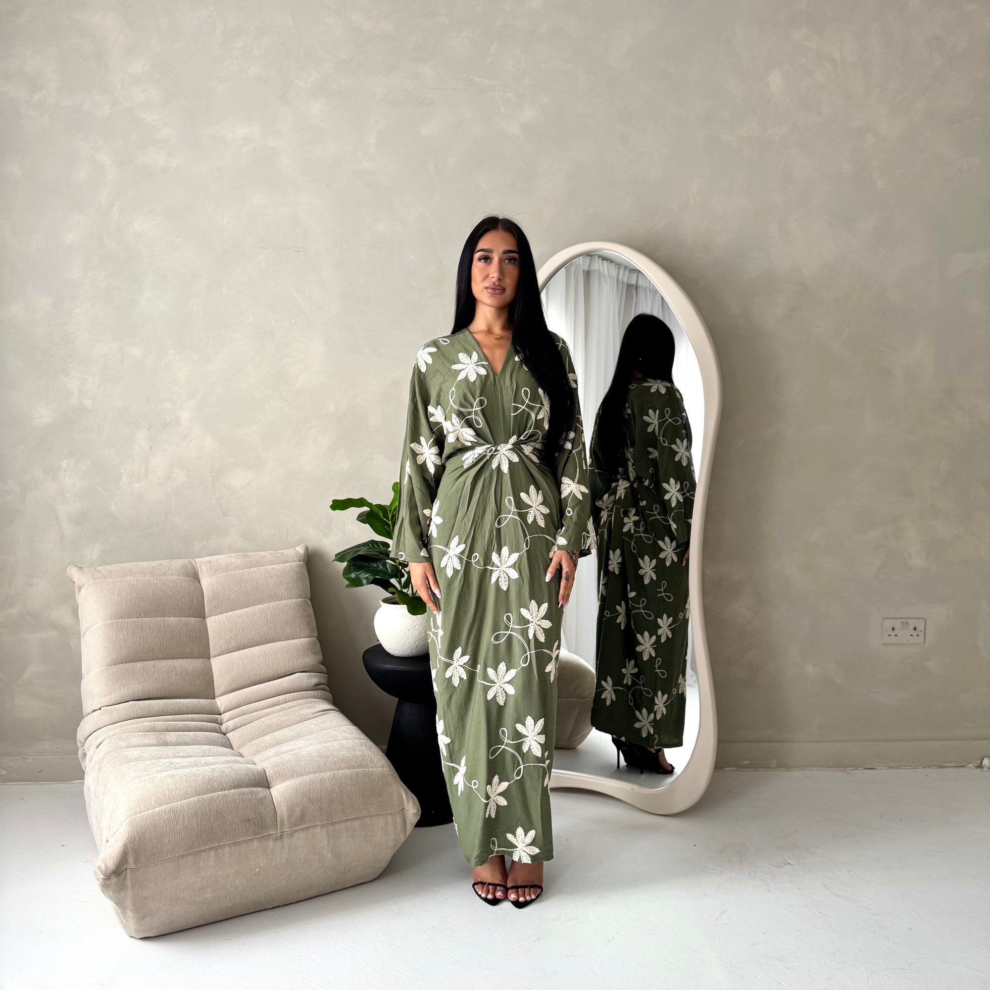 Roya Khaki V Neck Front Knot Floral Embroidery Dress