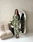 Roya Khaki V Neck Front Knot Floral Embroidery Dress