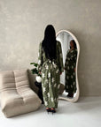 Roya Khaki V Neck Front Knot Floral Embroidery Dress
