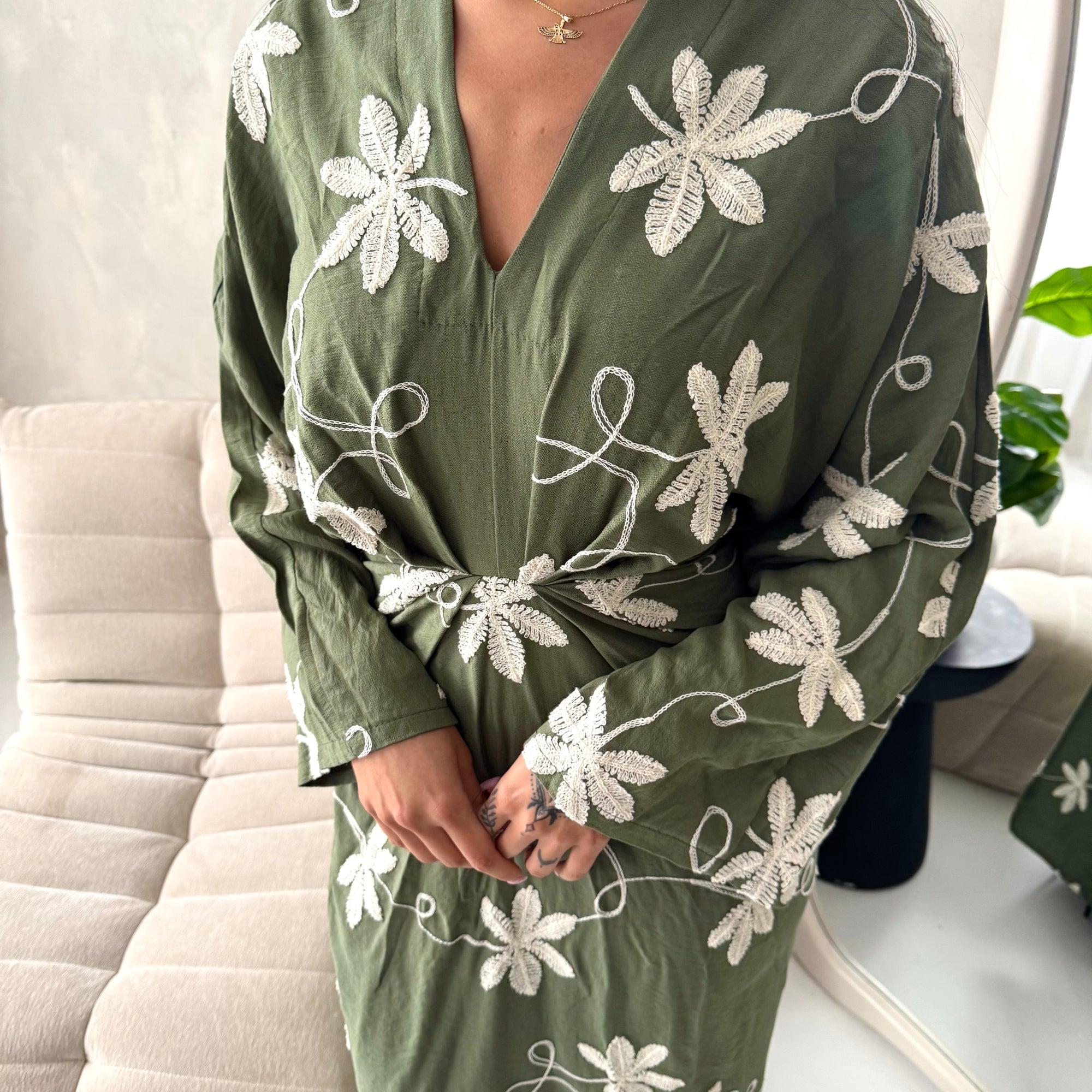 Roya Khaki V Neck Front Knot Floral Embroidery Dress