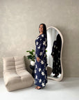 Roya Navy V Neck Front Knot Floral Embroidery Dress
