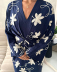 Roya Navy V Neck Front Knot Floral Embroidery Dress