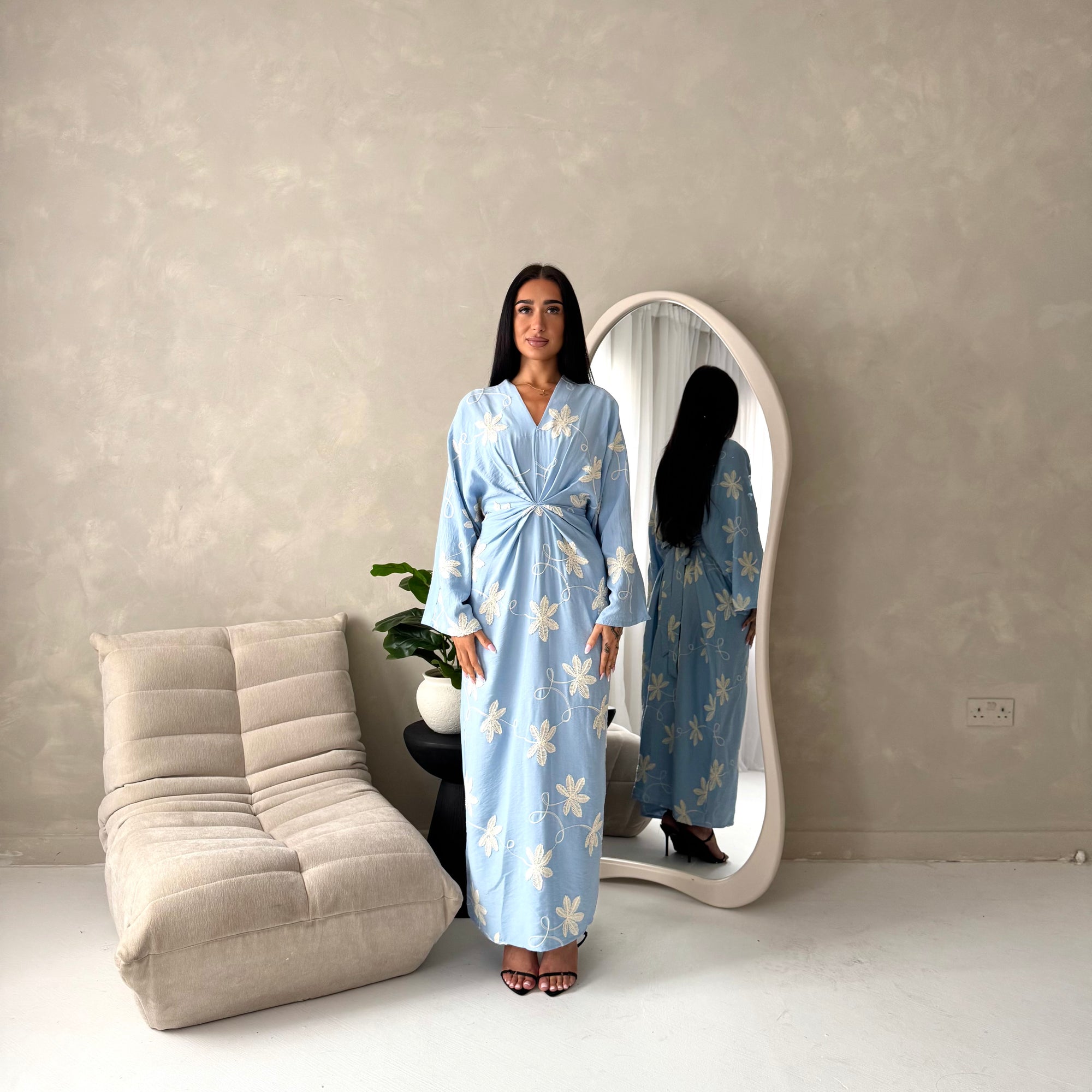 Roya Blue V Neck Front Knot Floral Embroidery Dress