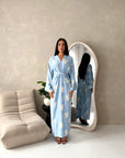 Roya Blue V Neck Front Knot Floral Embroidery Dress