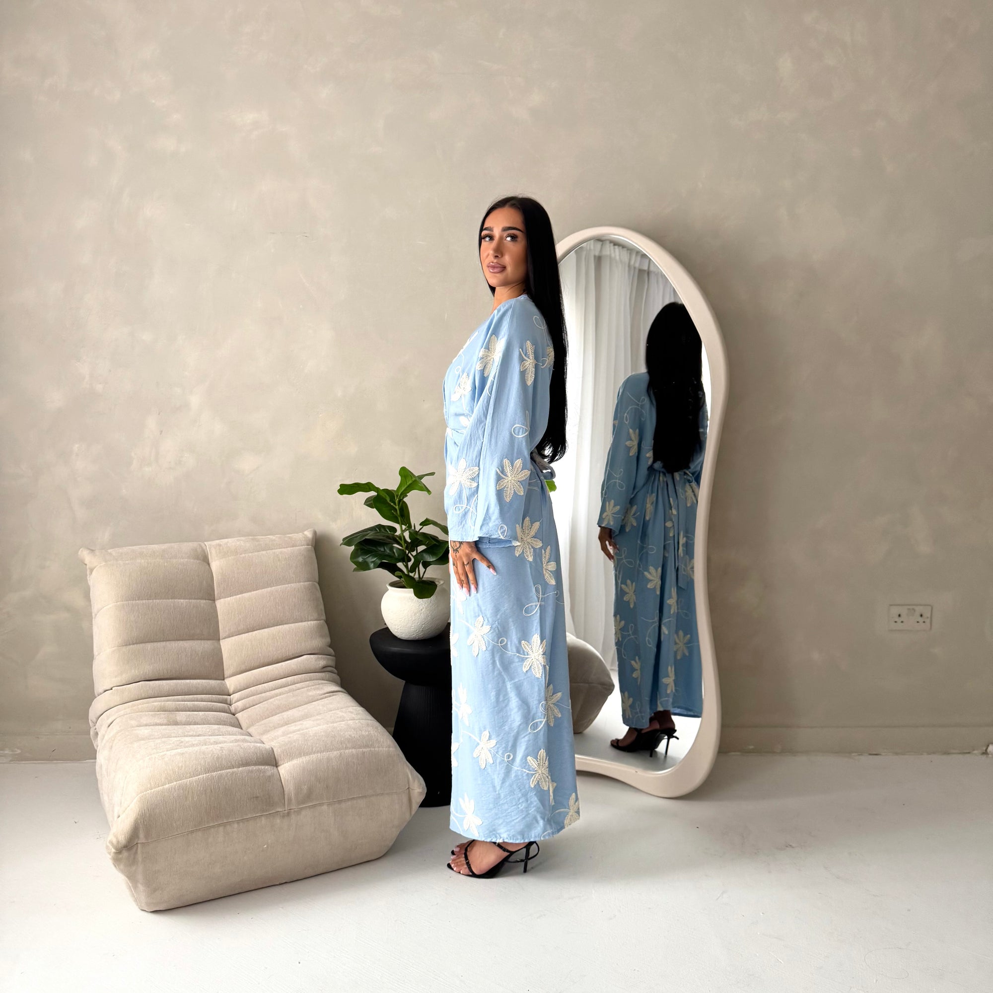 Roya Blue V Neck Front Knot Floral Embroidery Dress