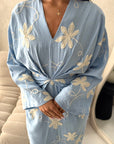 Roya Blue V Neck Front Knot Floral Embroidery Dress
