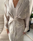 Roya Beige V Neck Front Knot Floral Embroidery Dress