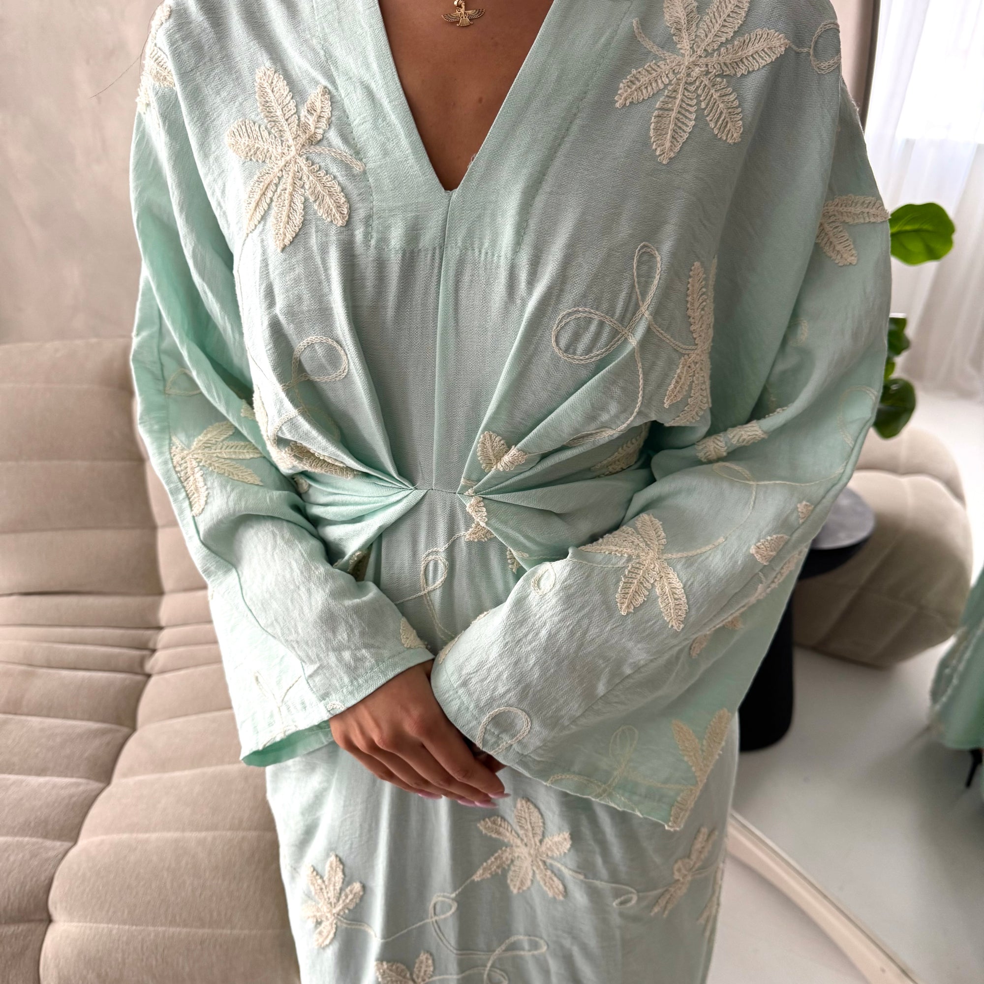 Roya Mint V Neck Front Knot Floral Embroidery Dress