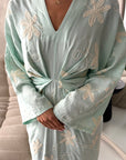 Roya Mint V Neck Front Knot Floral Embroidery Dress