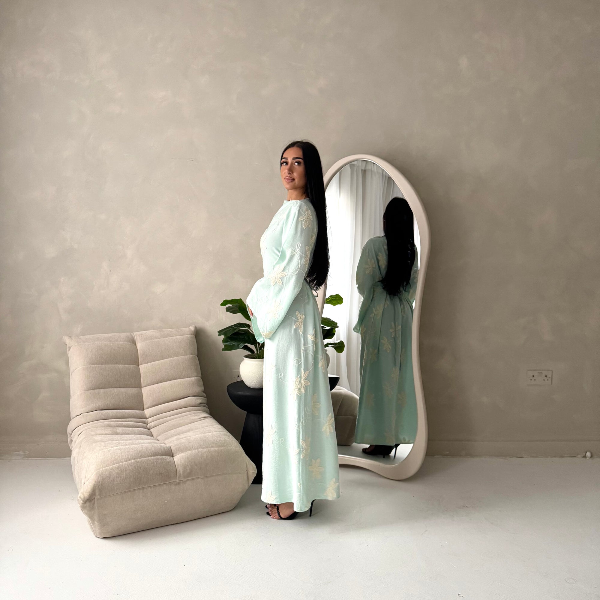 Marwa Mint Floral Embroidery Linen Summer Dress