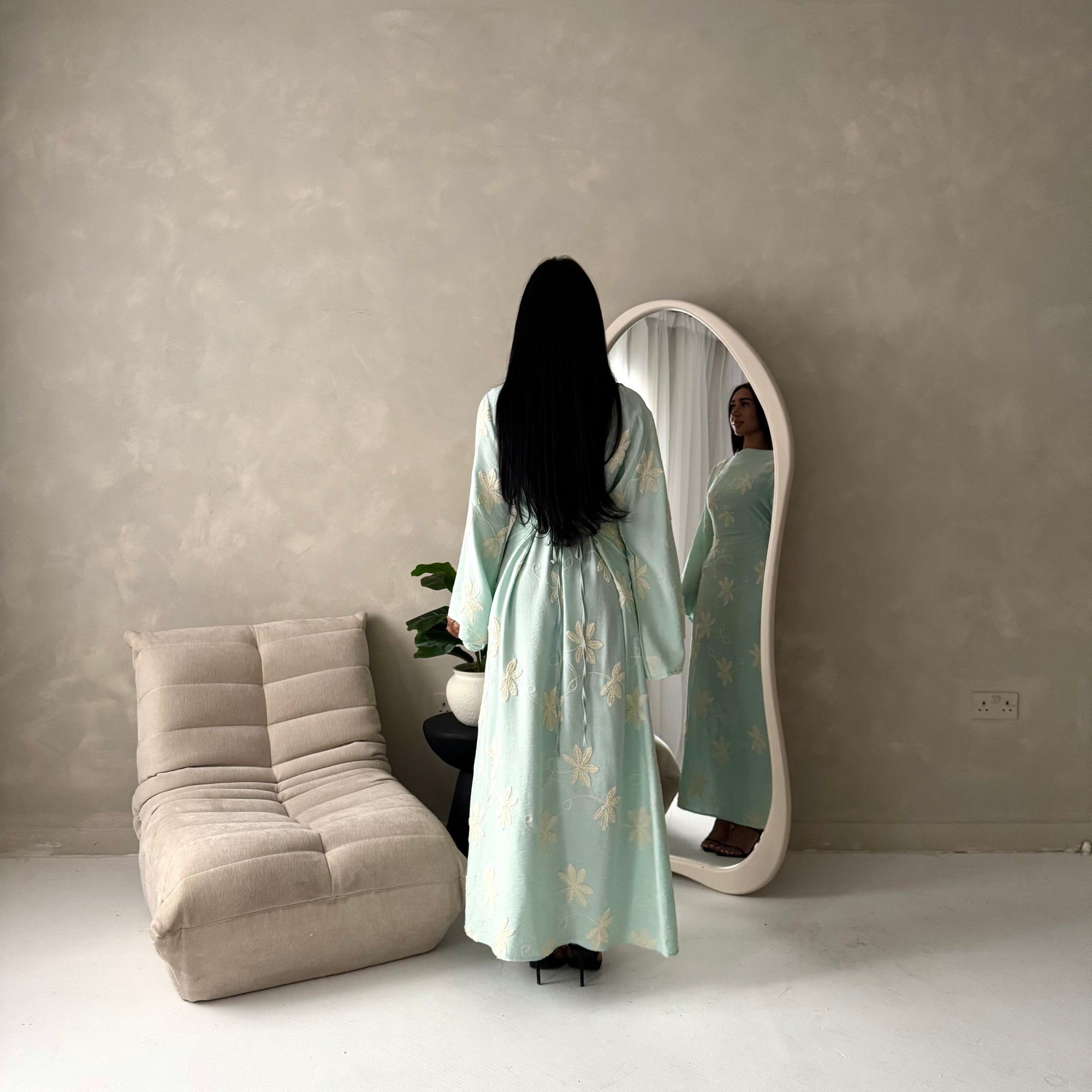 Marwa Mint Floral Embroidery Linen Summer Dress