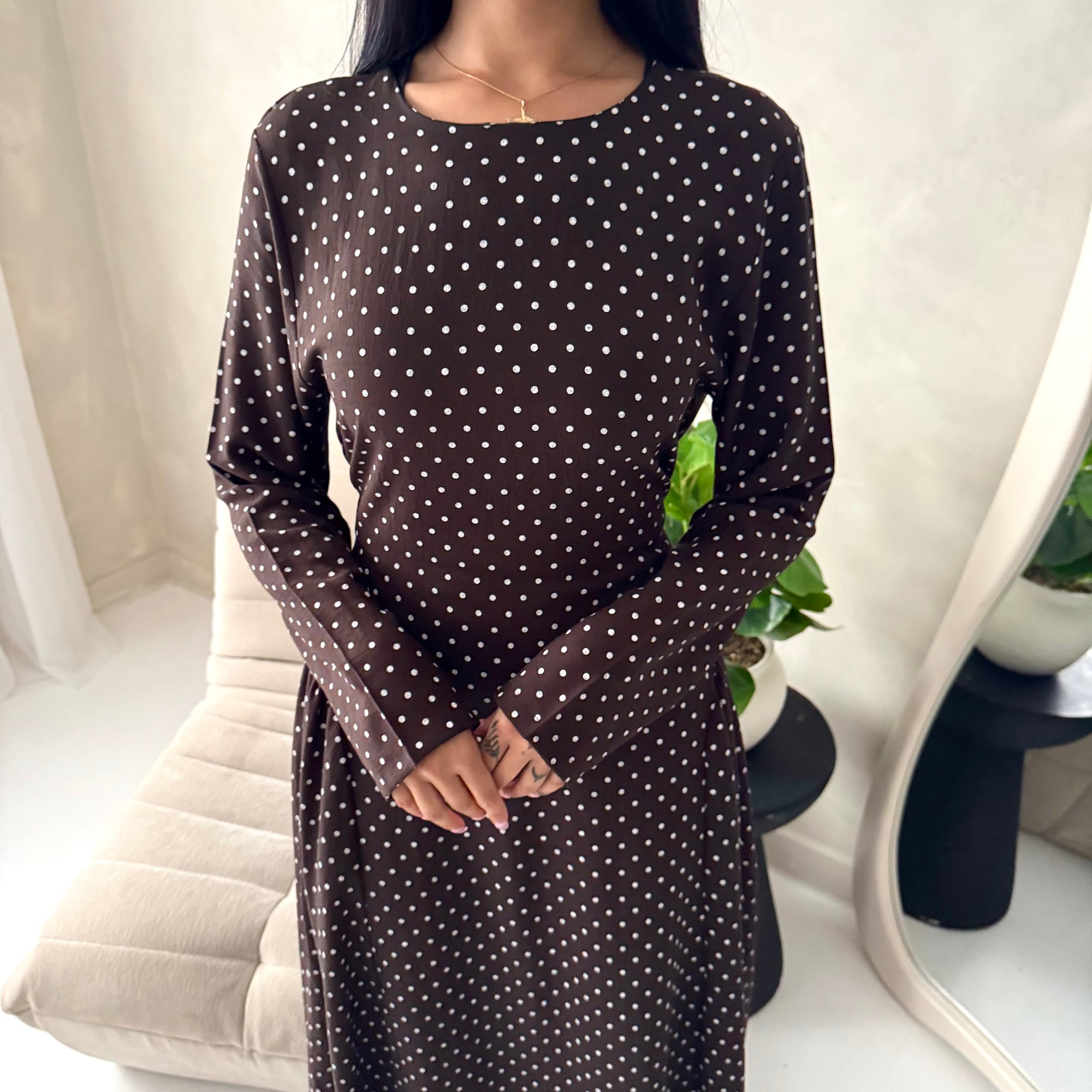 Rosh Brown With White Polka Dot A line Summer Dress