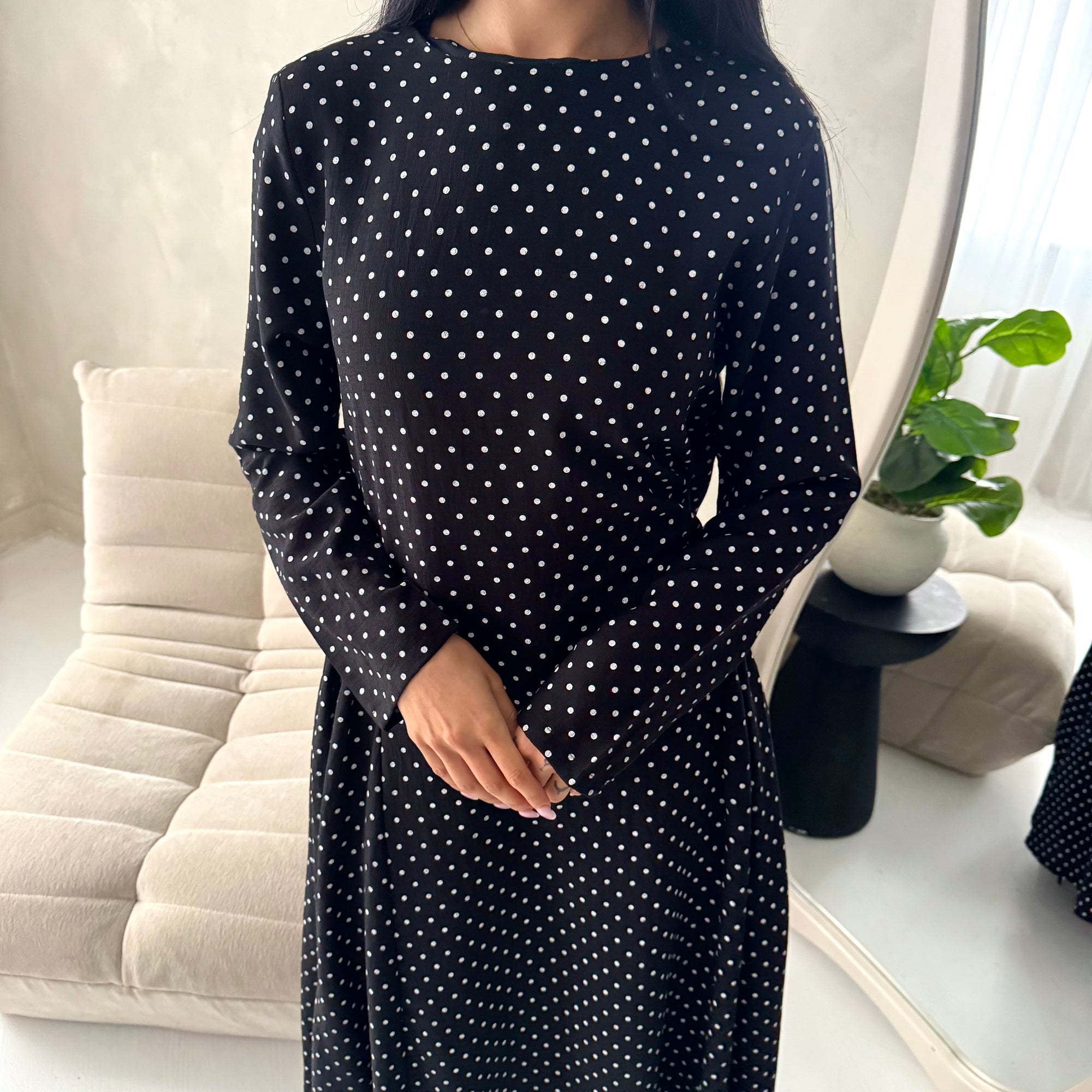 black and white polka dot summer dress Boho Black and White Satin Puff Sleeves Maxi Polka Dot Dress with Slit