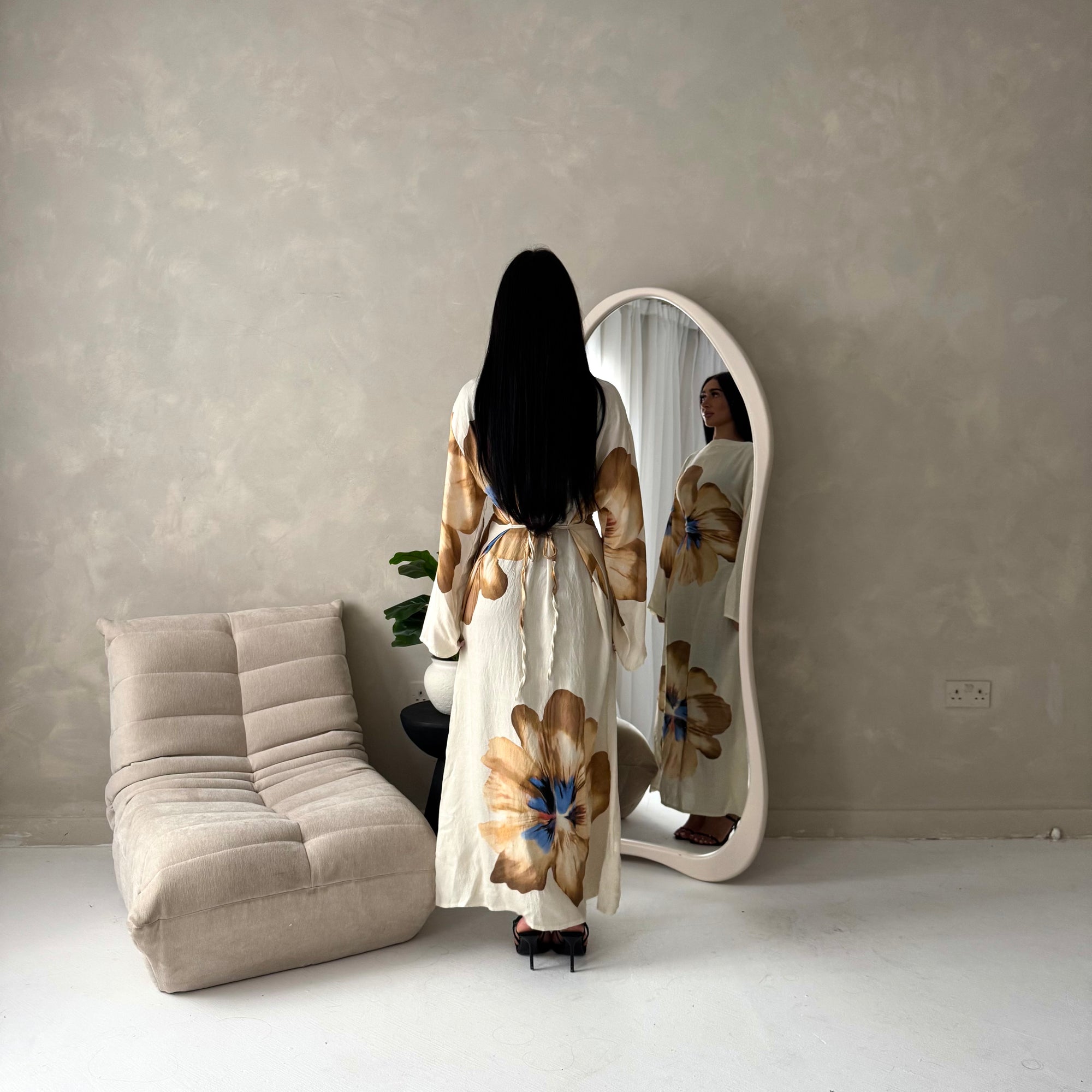 Tili Beige Modest Linen Floral Summer Tie Back Dress