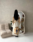 Tili Beige Modest Linen Floral Summer Tie Back Dress