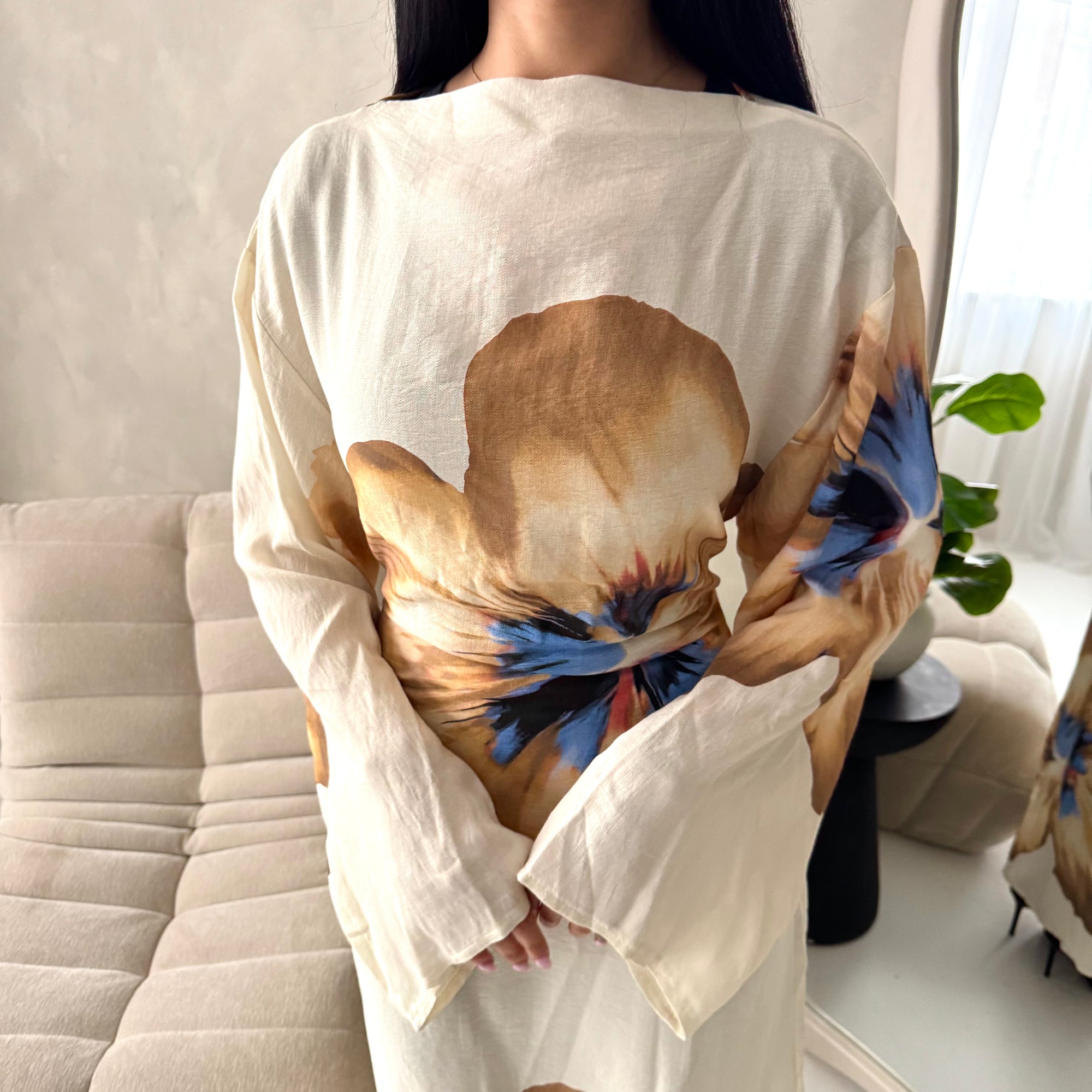 Tili Beige Modest Linen Floral Summer Tie Back Dress