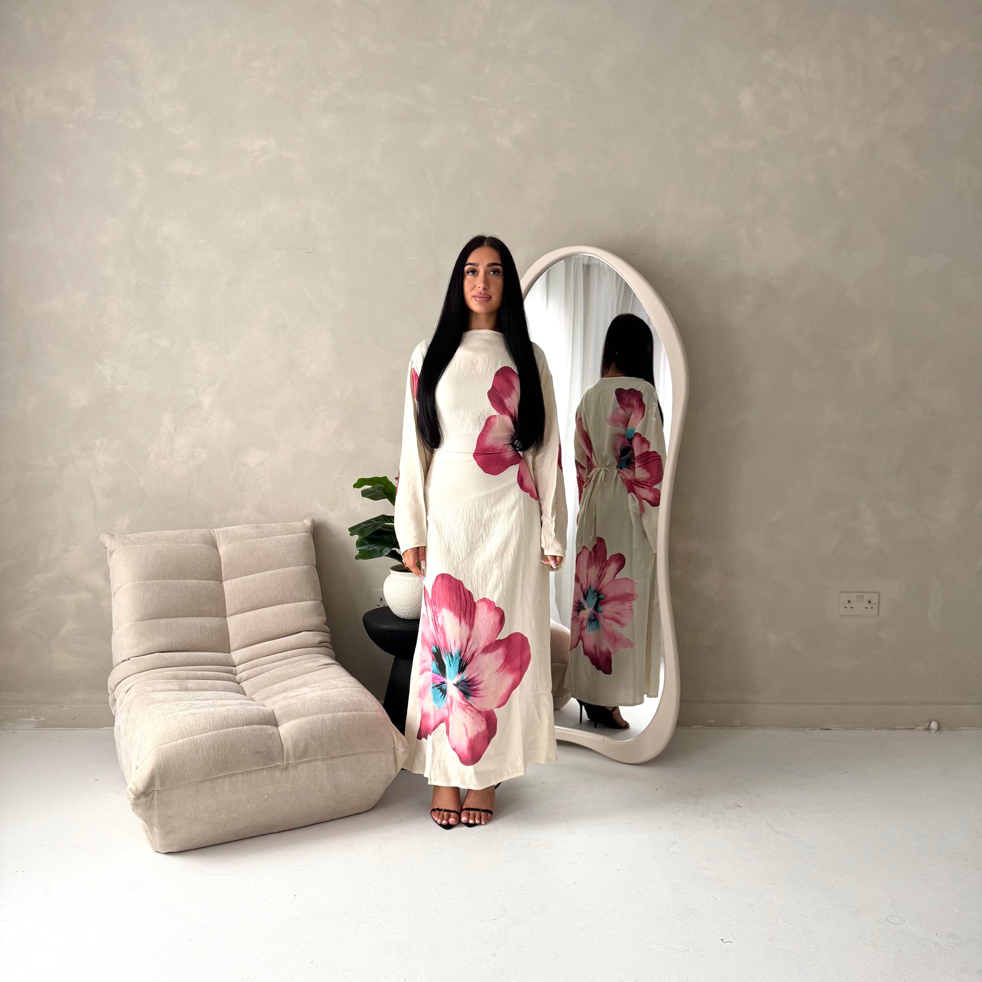Tili Pink Modest Linen Floral Summer Tie Back Dress