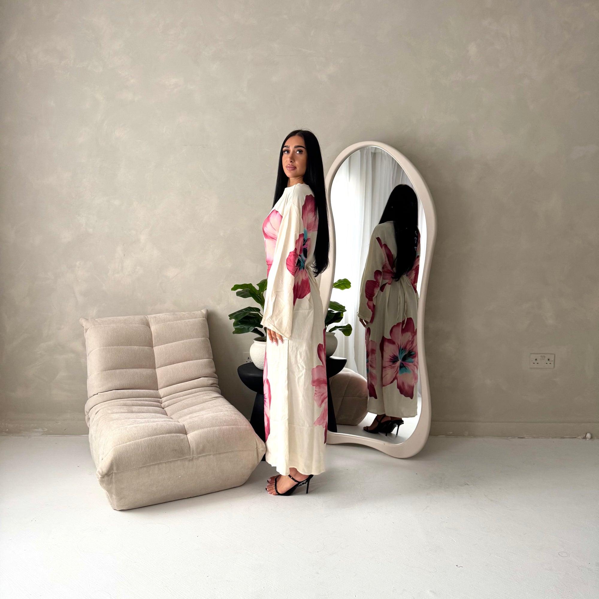 Tili Pink Modest Linen Floral Summer Tie Back Dress