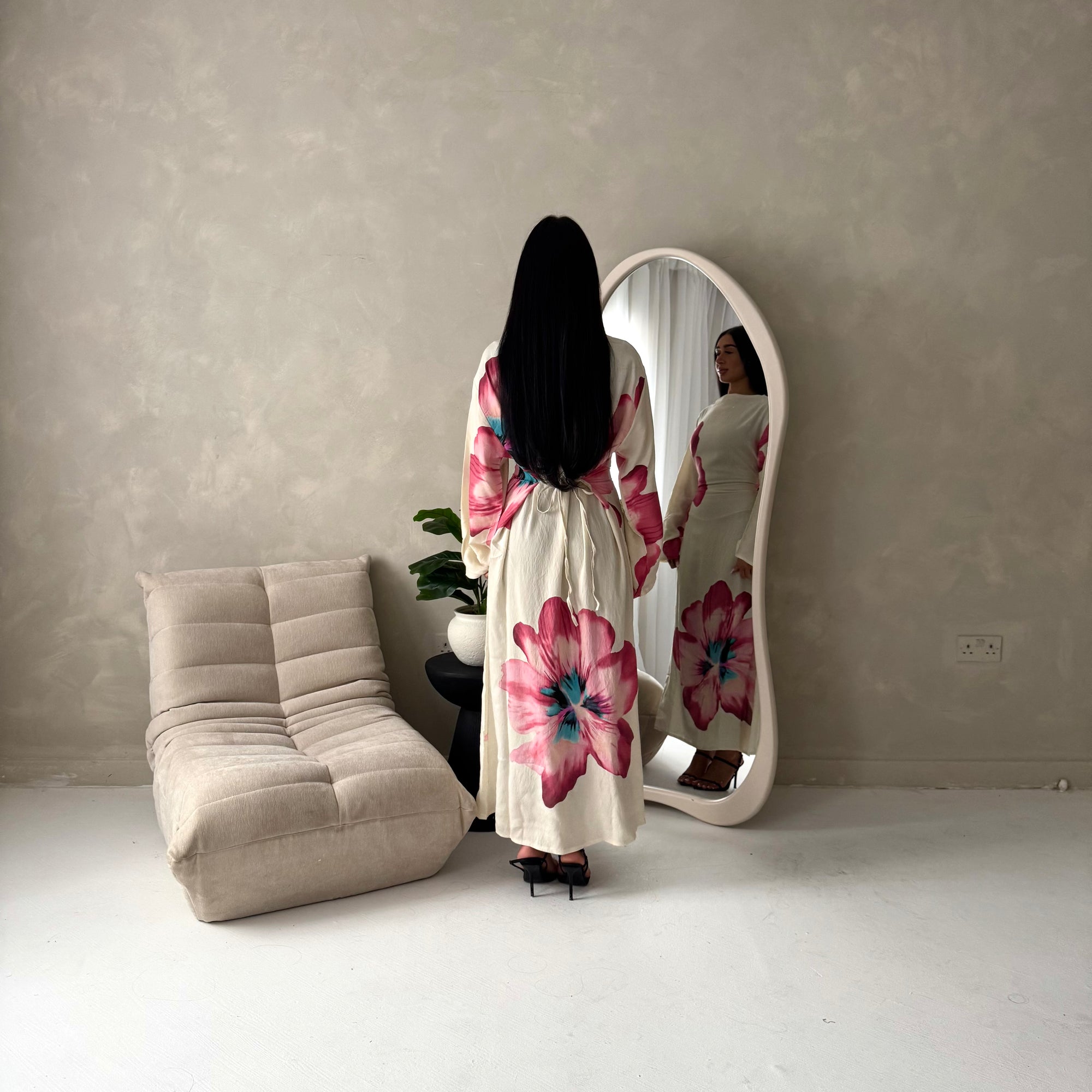 Tili Pink Modest Linen Floral Summer Tie Back Dress