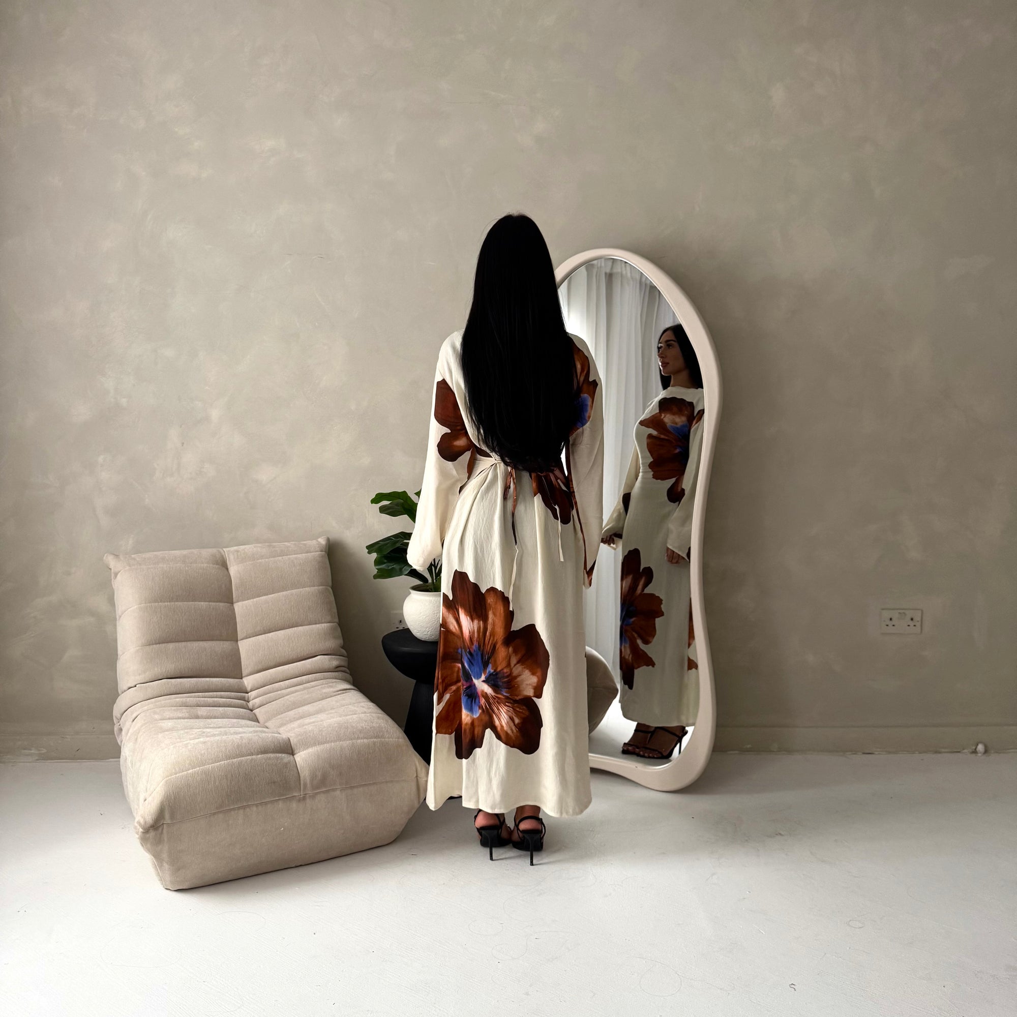 Tili Chocolate Modest Linen Floral Summer Tie Back Dress