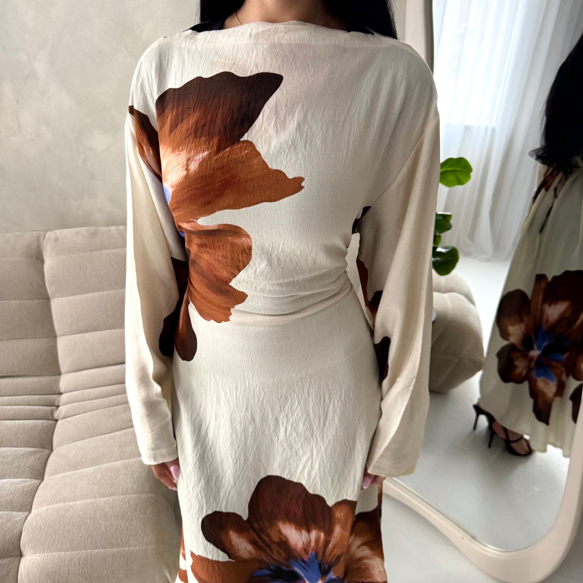 Tili Chocolate Modest Linen Floral Summer Tie Back Dress