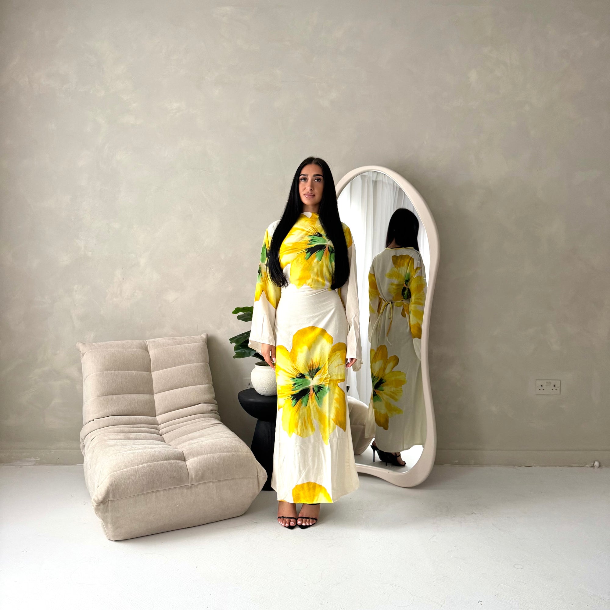 Tili Yellow Modest Linen Floral Summer Tie Back Dress