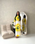 Tili Yellow Modest Linen Floral Summer Tie Back Dress