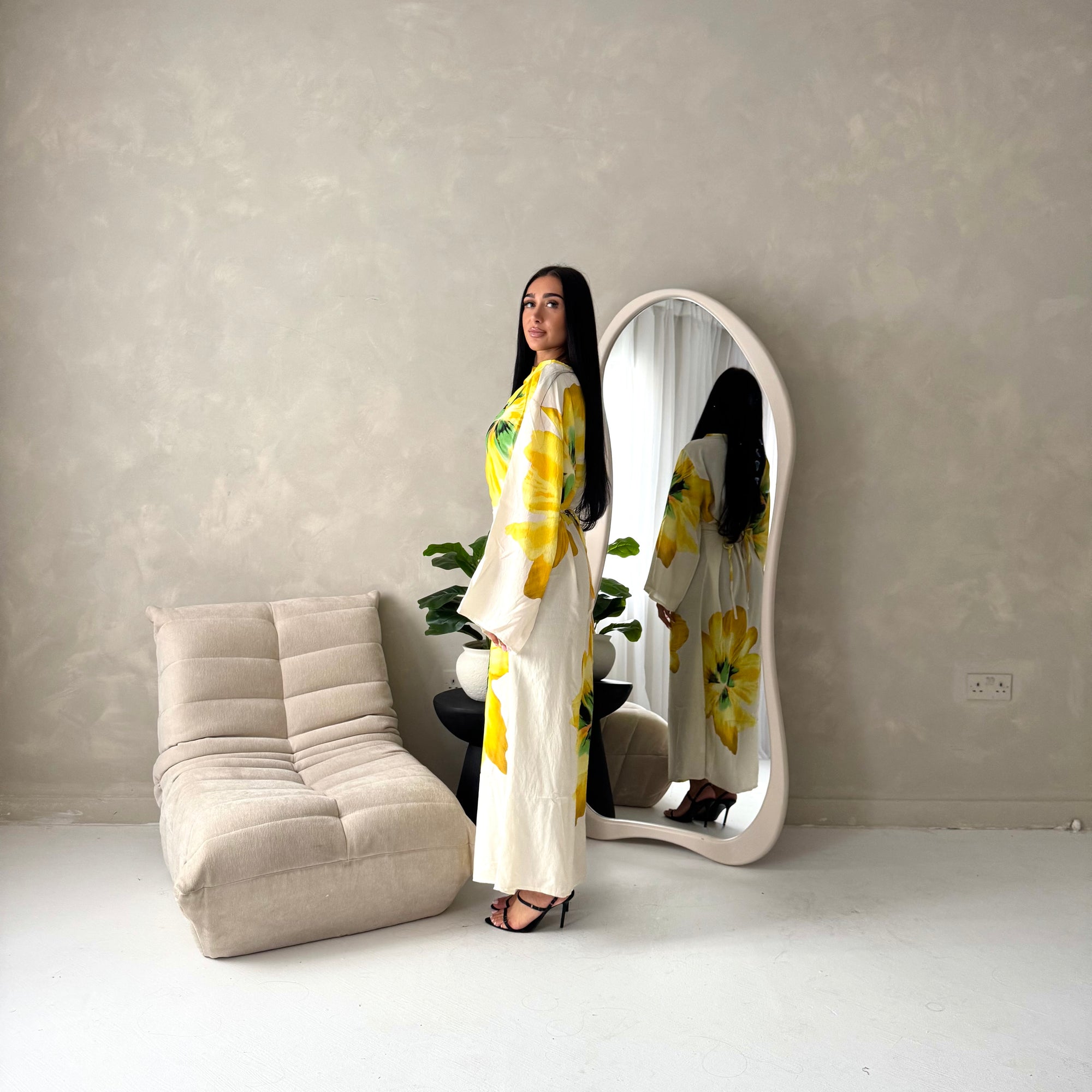 Tili Yellow Modest Linen Floral Summer Tie Back Dress