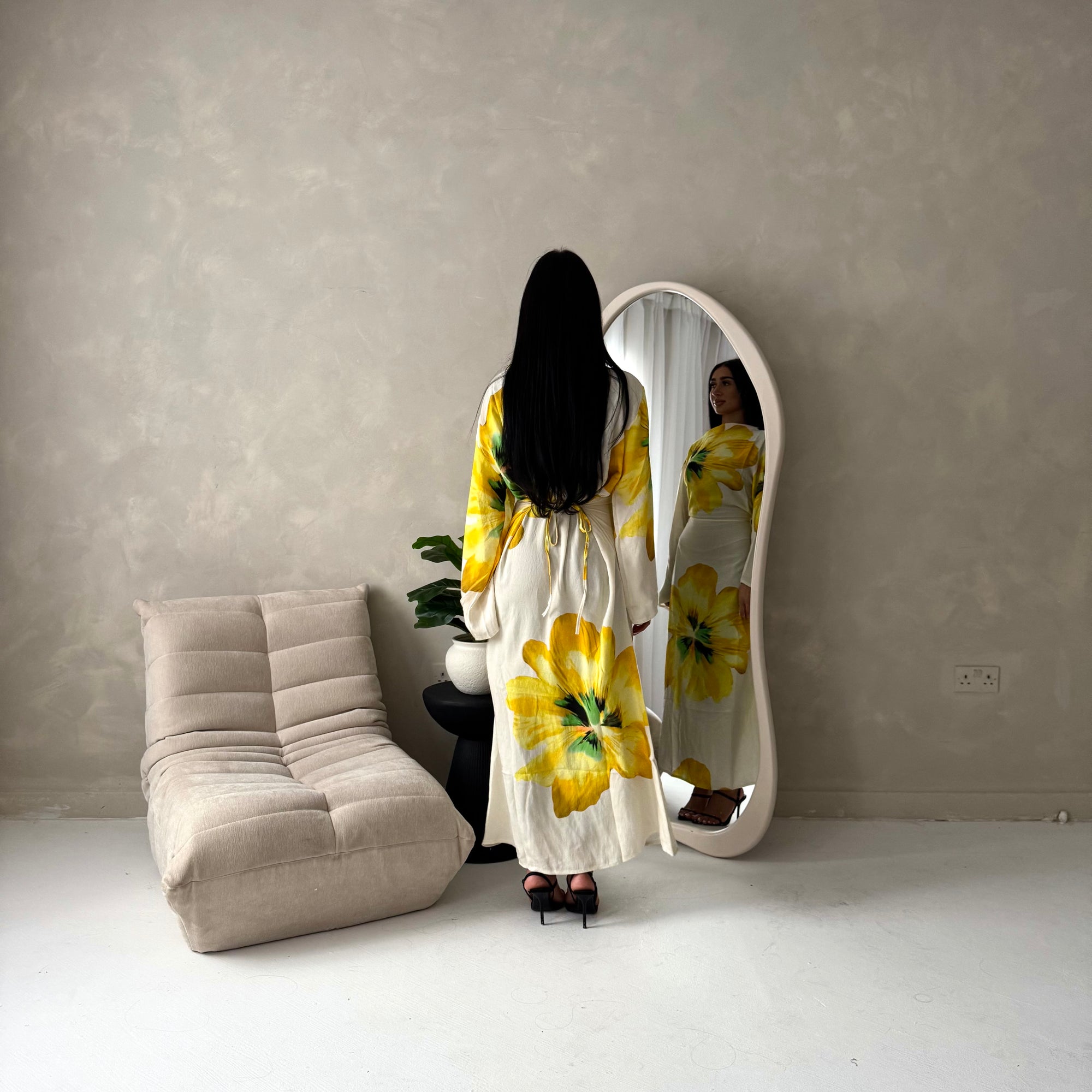 Tili Yellow Modest Linen Floral Summer Tie Back Dress