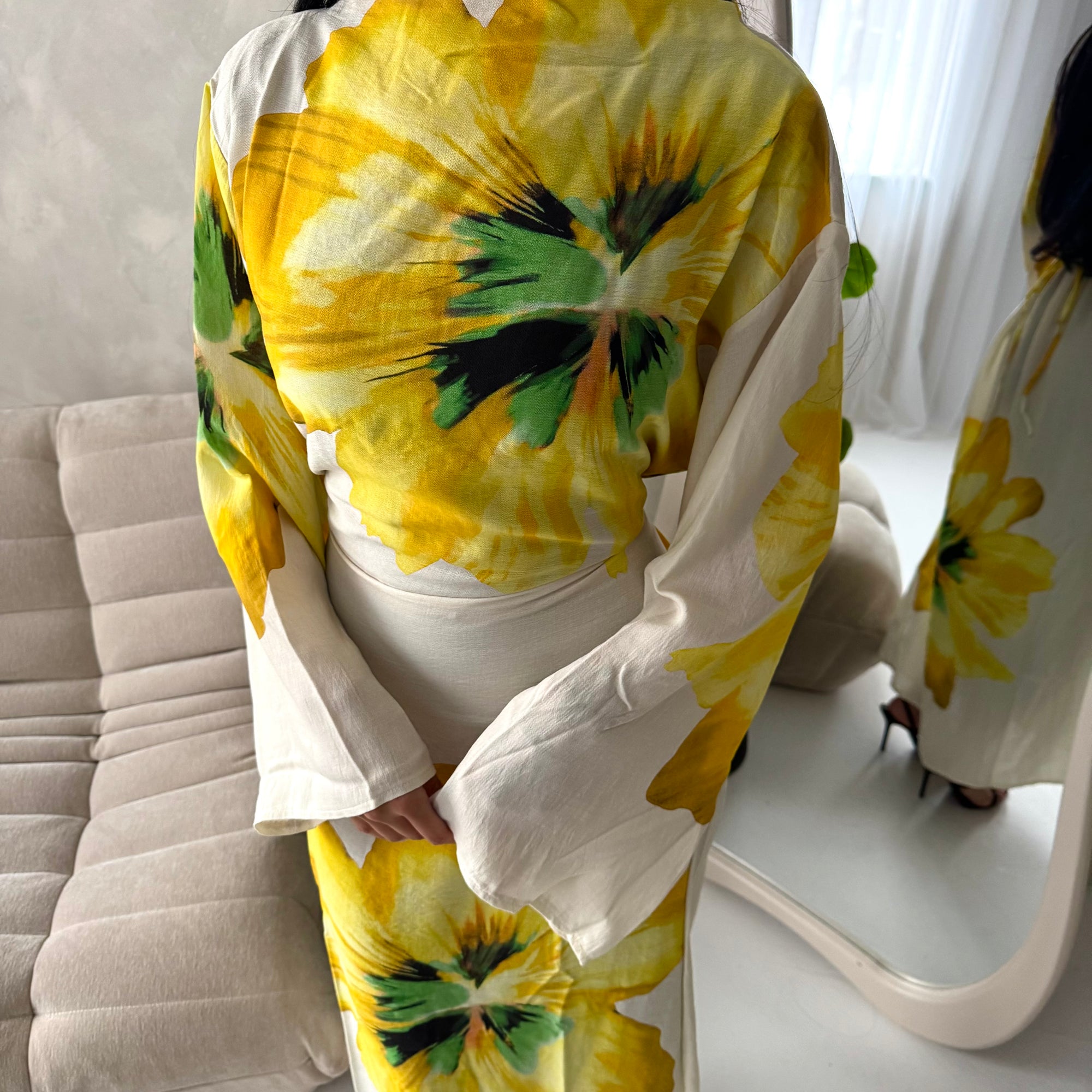Tili Yellow Modest Linen Floral Summer Tie Back Dress