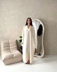 Hadia Beige Linen V Neck Lightweight Front Tie Oversized Dress