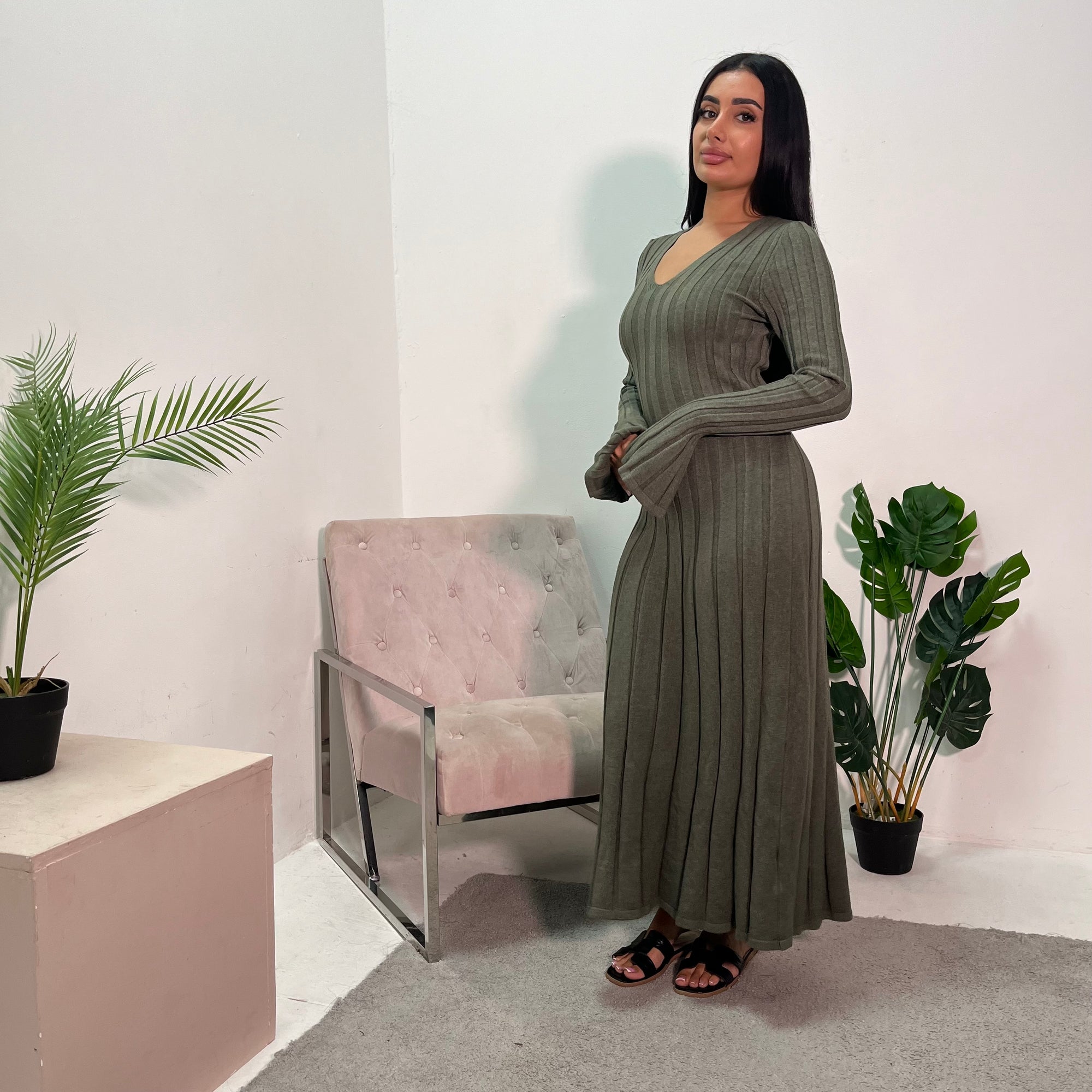 Diya Khaki V Neck Ribbed Tie Back Knitted Dress