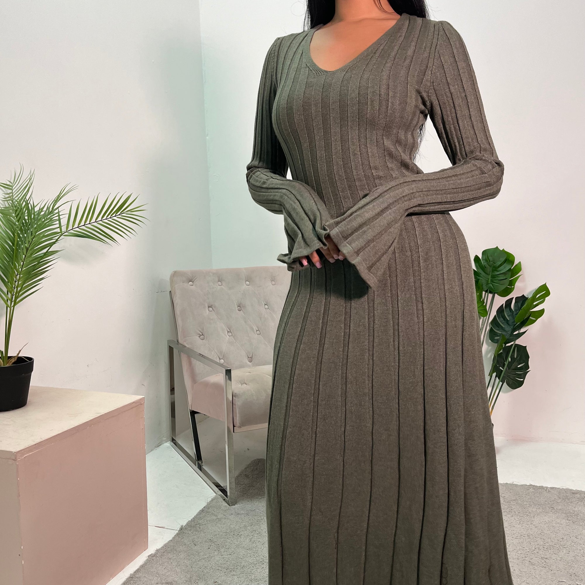 Diya Khaki V Neck Ribbed Tie Back Knitted Dress