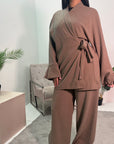 Fina Mocha Soft Ribbed V Neck Side Tie Co ord Set